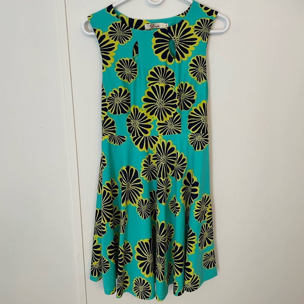 Anthropologie Vibrant Turquoise and Yellow Midi Dress Fit N Flare Sz:S Dopamine
